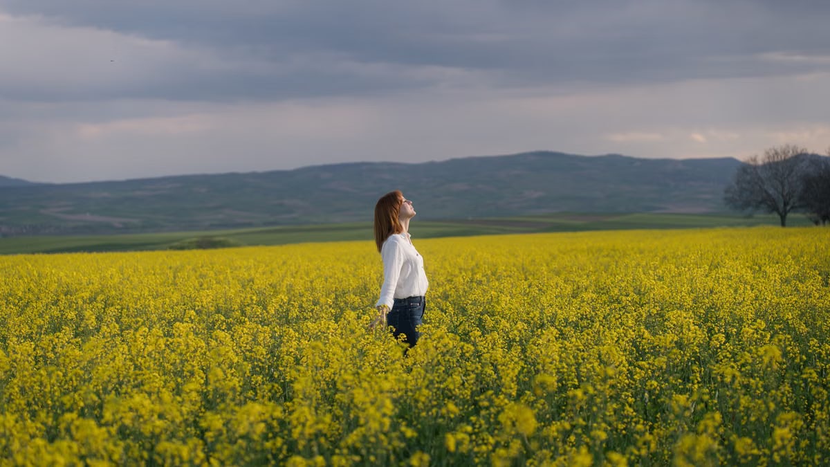 A woman enjoying tranquility in a vibrant yellow canola field under a cloudy sky in Merzifon, Türkiye.