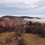 Mountains town in clouds