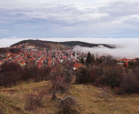 Mountains town in clouds