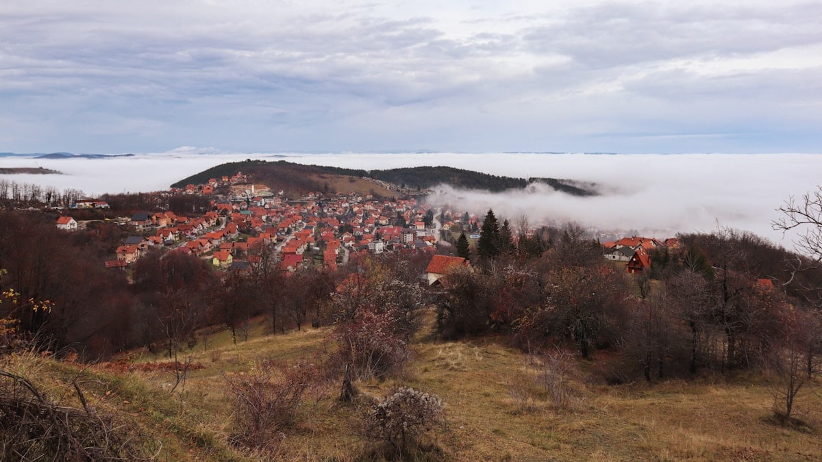 Mountains town in clouds